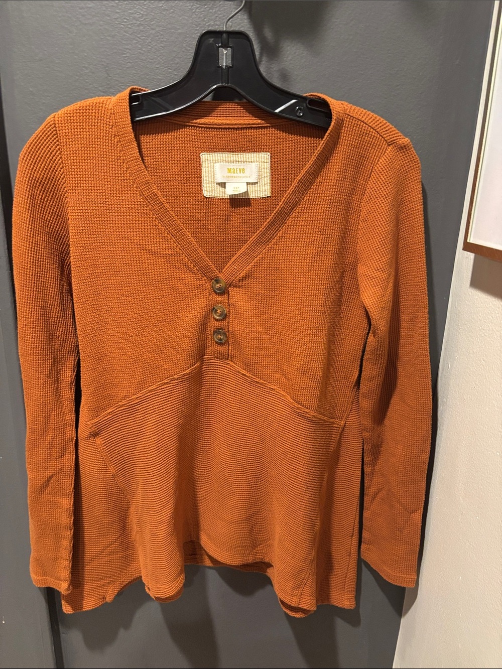 Maeve Burnt Orange V-Neck Button Thermal Pullover